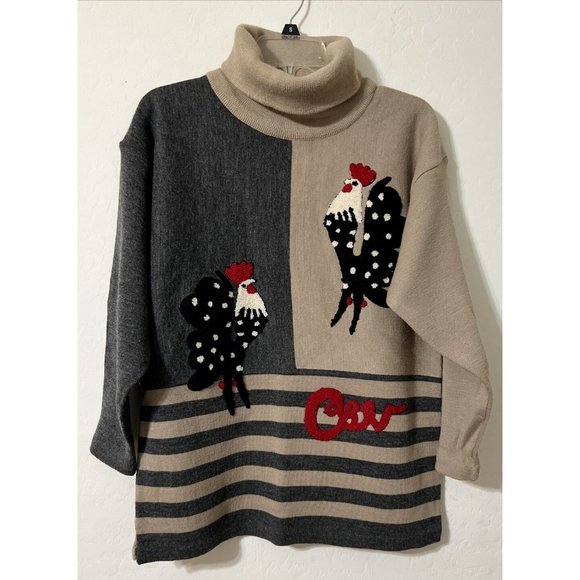 Ventilo Brown Gray Turtleneck Sweater with Roosters (Chenille) Medium - Picture 1 of 5